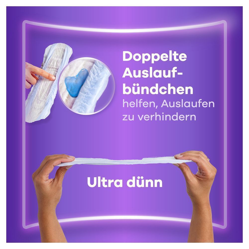 Always Discreet Einlage mit doppelten Auslaufbündchen, die helfen, Auslaufen zu verhindern, und ultra-dünnem Design für Komfort.