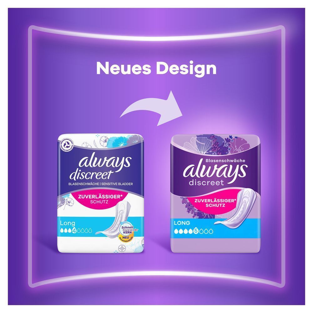 Always Discreet Einlagen bieten zuverlässigen Schutz, kaum zu spüren, und Always Höschen bieten zuverlässigen Schutz mit 360° Passform.