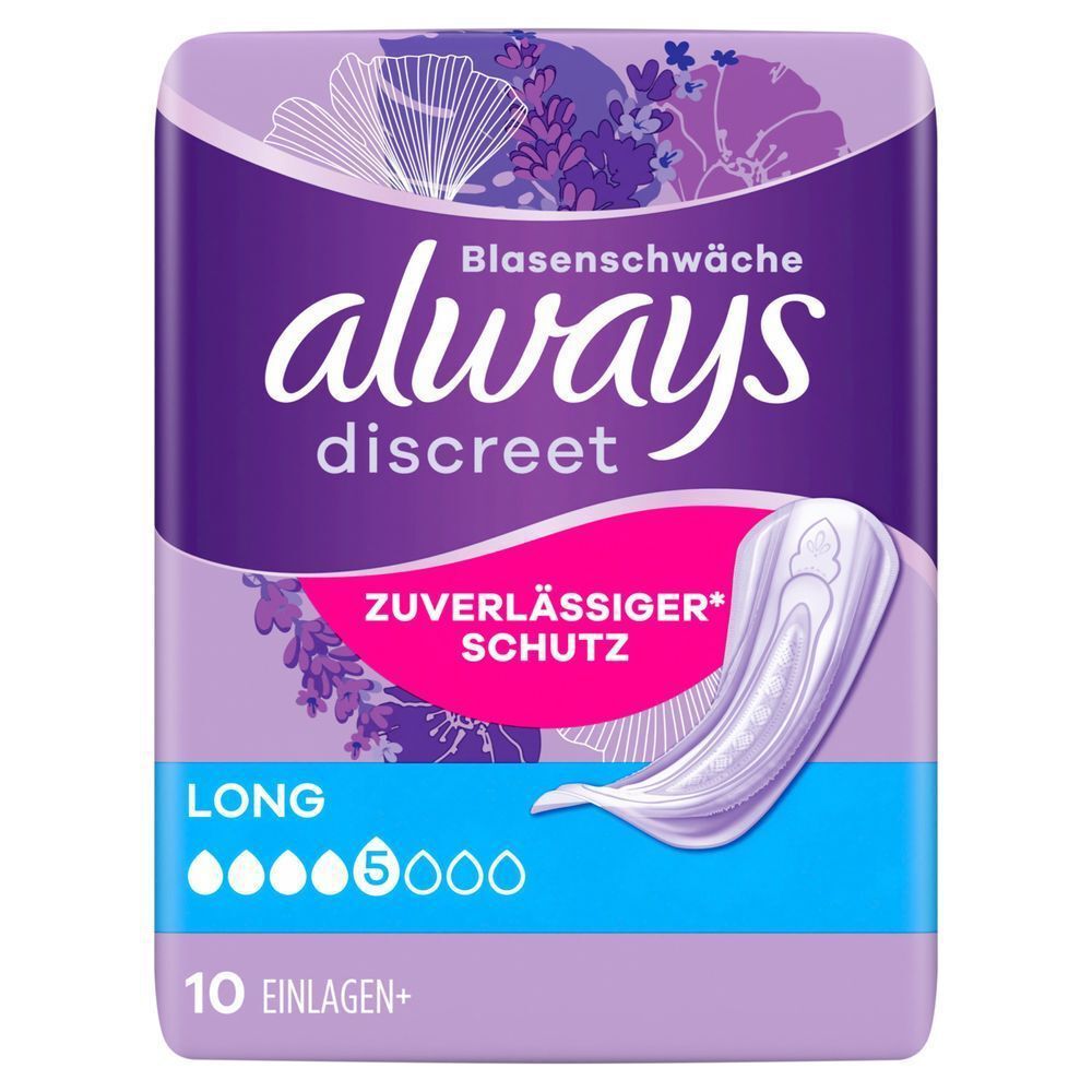 Always Discreet Long Einlagen Verpackung, 5 Tropfen, 10 Stück, zuverlässiger Schutz;
