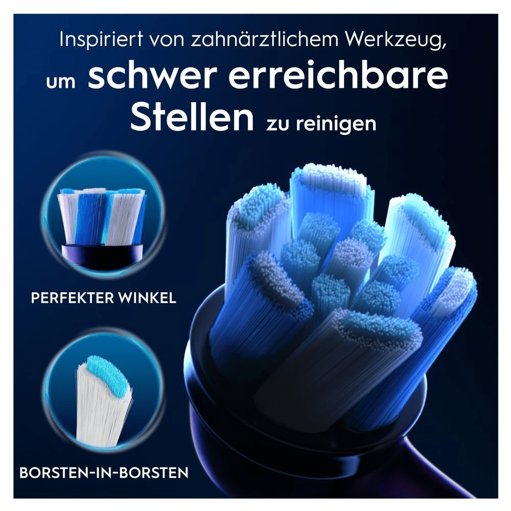 Oral-B Bürstenkopf mit "Perfektem Winkel" und "Borsten-in-Borsten" Design für die Reinigung schwer erreichbarer Stellen.