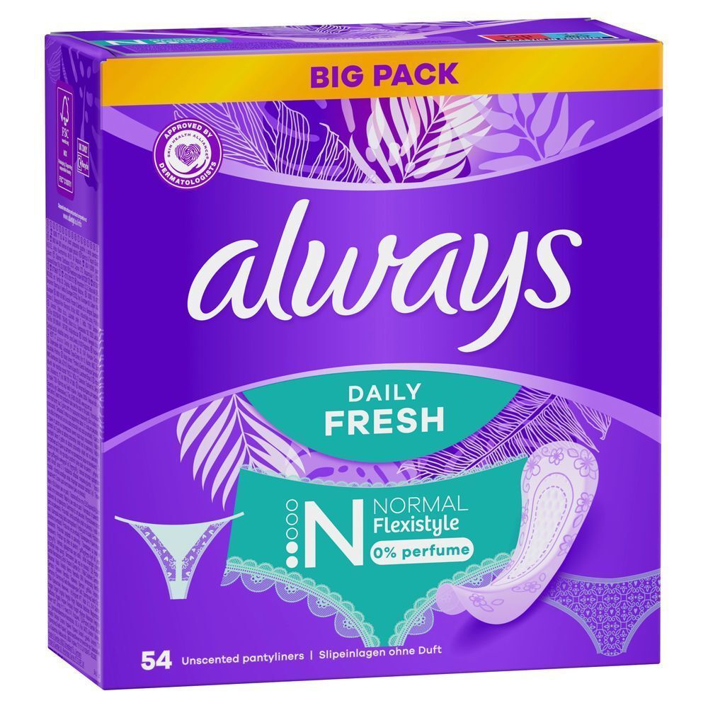 Always Daily Fresh Slipeinlagen, Normal Flexistyle, Big Pack mit 54 Stück, 0% Parfüm [EN] Always Daily Fresh pantyliners "Big Pack" box highlighting "Normal Flexistyle" and "0% perfume" claims. [DA] Always Daily Fresh trusseindlæg i stor pakke, fremhæver "Normal Flexistyle" og "0% parfume". Størrelse Normal Flexistyle. [SV] Always Daily Fresh trosskydd, storpack med 54 st, Normal Flexistyle och 0% parfym, godkänd av dermatologer. [FI] Always Daily Fresh -pikkuhousunsuojat, normaali Flexistyle, 0 % hajusteita, suuressa pakkauksessa. Koko Normal Flexistyle. [NO] Always Daily Fresh truseinnlegg, stor pakke med 54 stk, Normal Flexistyle og 0% parfyme. Størrelse Normal Flexistyle.;