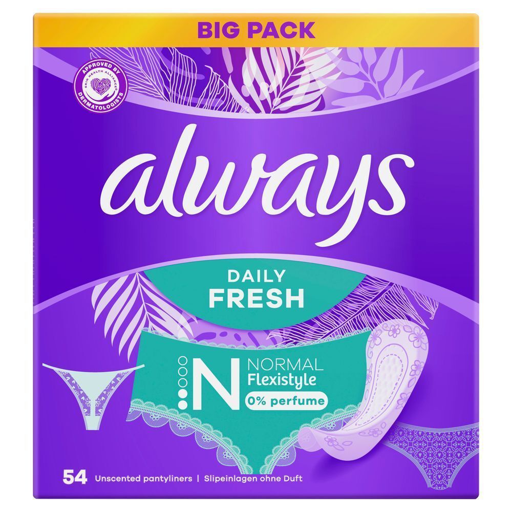 Always Daily Fresh Slipeinlagen, Normal Flexistyle, Big Pack mit 54 Stück, 0% Parfüm [EN] Always Daily Fresh pantyliners, big pack, highlighting the "Normal Flexistyle" and "0% perfume" claims. [DA] Always Daily Fresh trusseindlæg i stor pakke, fremhæver "0% parfume" og dermatologisk godkendelse. Størrelse Normal Flexistyle. [SV] Always Daily Fresh trosskydd i storpack, med "0% parfym" framhävt på förpackningen. [FI] Always Daily Fresh -pikkuhousunsuojat, suuri pakkaus ja tuoksuton koostumus. Koko Normal Flexistyle. [NO] Always Daily Fresh truseinnlegg i stor pakning, fremhever "0% parfyme" og er godkjent av dermatologer. Størrelse Normal Flexistyle.;