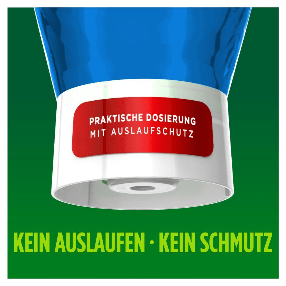 Fairy Spülmittel Flasche mit Fokus auf die praktische Dosierung mit Auslaufschutz, für ein sauberes Spülen ohne Kleckern.