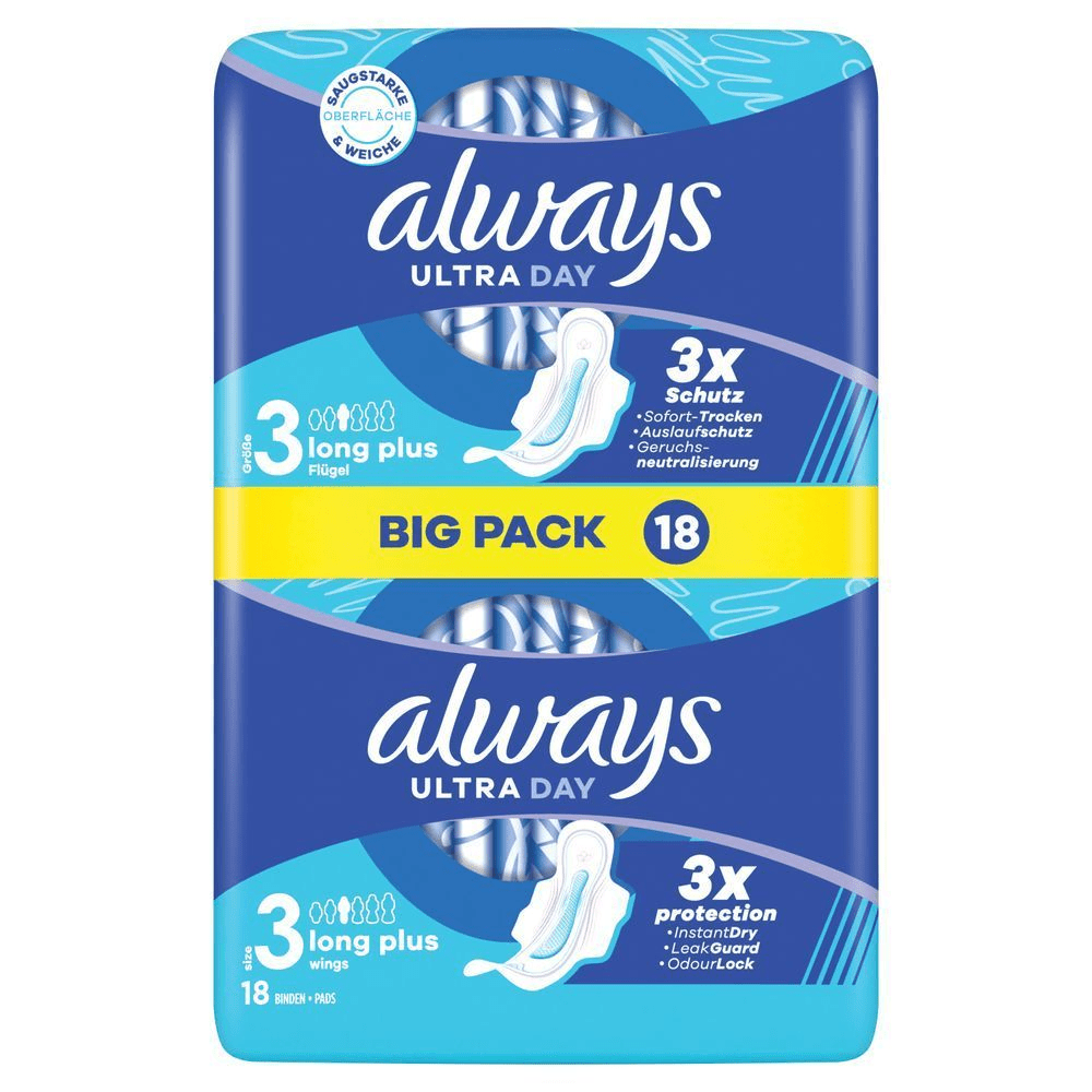 Always Ultra Day Long Plus Binden, Big Pack mit 18 Stück, 3x Schutz: Sofort-Trocken, Auslaufschutz und Geruchsneutralisierung.;