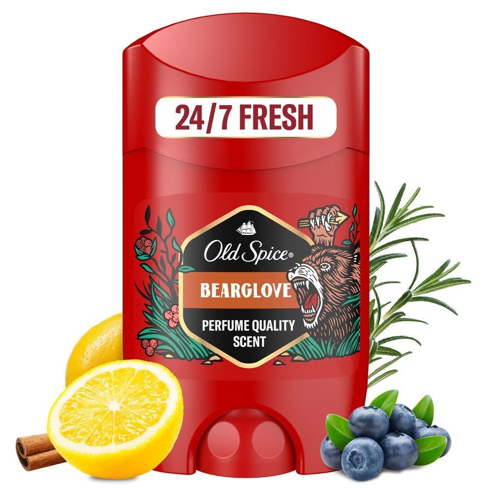 Old Spice Bearglove Deodorant Stick, hervorgehoben mit dem Aufdruck 24-7 Fresh auf der roten Verpackung. [HR] Old Spice Bearglove dezodorans, ističe 24-7 FRESH svježinu. [CS] Old Spice Bearglove deodorant s 24-7 FRESH a PERFUME QUALITY SCENT na obalu. [HU] Old Spice Bearglove stift 24-7 FRESH felirattal. [SK] Deodorant Old Spice Bearglove s nápisom 24-7 FRESH. [SL] Old Spice Bearglove deodorant, s poudarkom na 24-7 FRESH formuli. [PT] Old Spice Desodorizante Stick Bearglove em embalagem vermelha, com destaque para a promessa de 24-7 Fresh (frescor 24 horas por dia, 7 dias por semana).