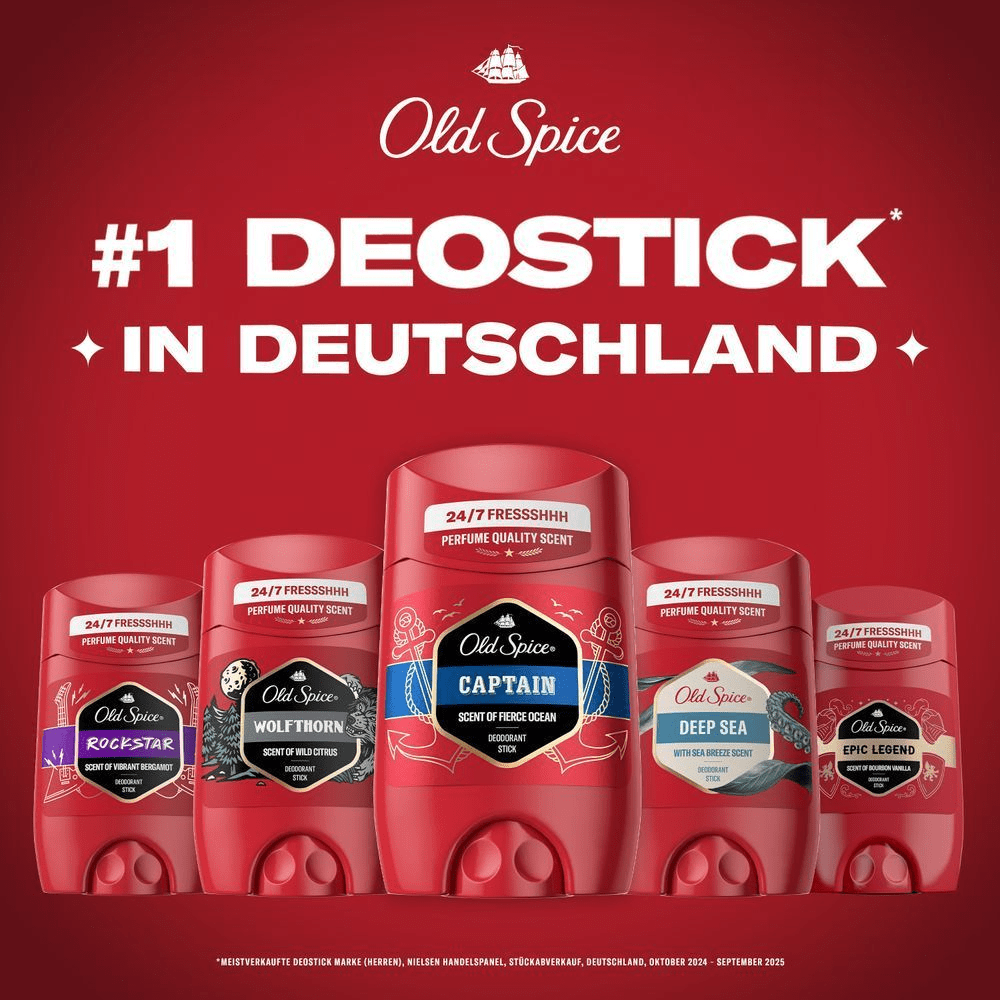 Old Spice Deosticks, beworben als #1 Deostick in Deutschland.