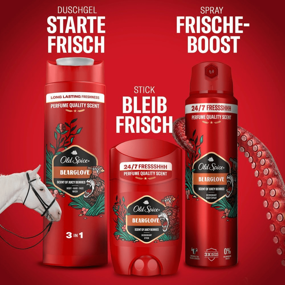 Old Spice Bearglove Duschgel, Deodorant-Stick und Spray, die den ganzen Tag für Frische sorgen.