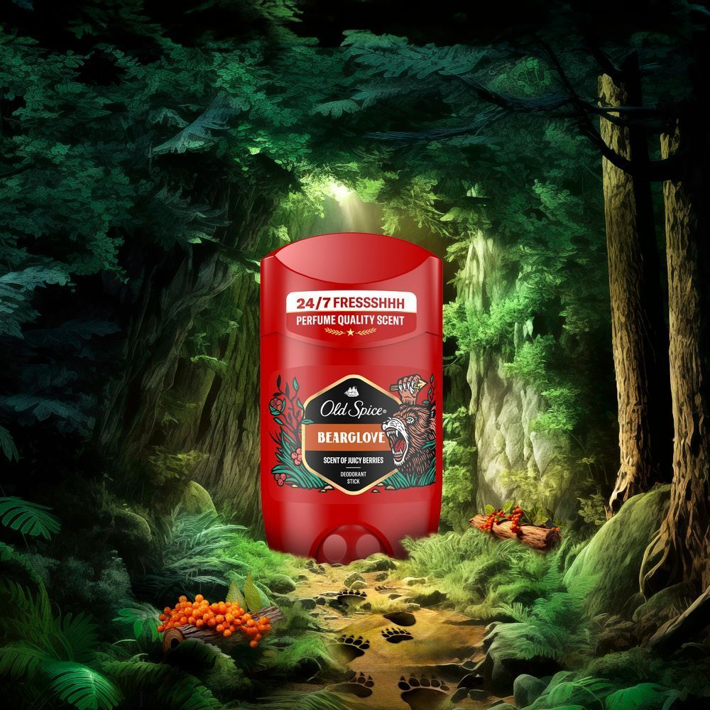 Old Spice Bearglove Deodorant Stick mit 24-7 FRESSSHHH, Duft in Parfumqualität und saftigen Beeren. [HR] Old Spice Bearglove dezodorans, s 24-7 parfemskim mirisom sočnih bobica. [CS] Old Spice Bearglove deodorant s vůní šťavnatých bobulí, parfémová kvalita 24-7. [HU] Old Spice Bearglove dezodor stift, 24-7 FRESSSHHH parfüm minőségű illattal. [SK] Dezodorant Old Spice Bearglove s etiketou 24-7 FRESSSHHH PERFUME QUALITY SCENT. [SL] Old Spice Bearglove deodorant: 24-7 svežina z vonjem sočnih jagod.