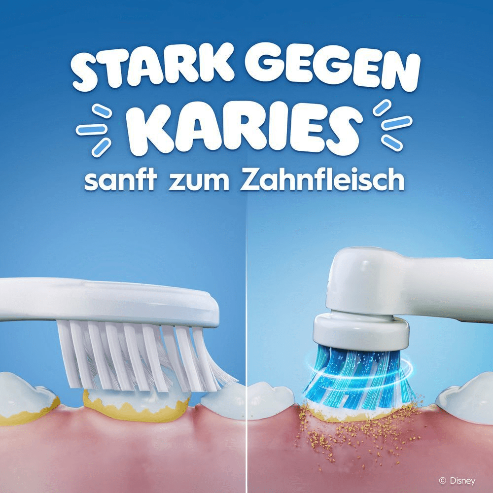 Vergleich einer Handzahnbürste ggü. einer elektrischen Zahnbürste. Die elektrische Zahnbürste ist stark gegen Karies und sanft zum Zahnfleisch