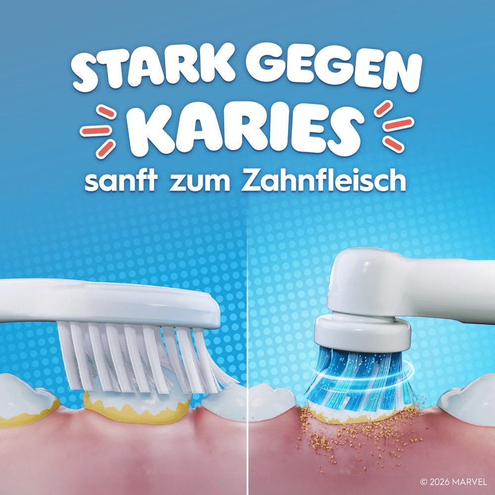 Vergleich einer Handzahnbürste ggü. einer elektrischen Zahnbürste. Die elektrische Zahnbürste ist stark gegen Karies und sanft zum Zahnfleisch