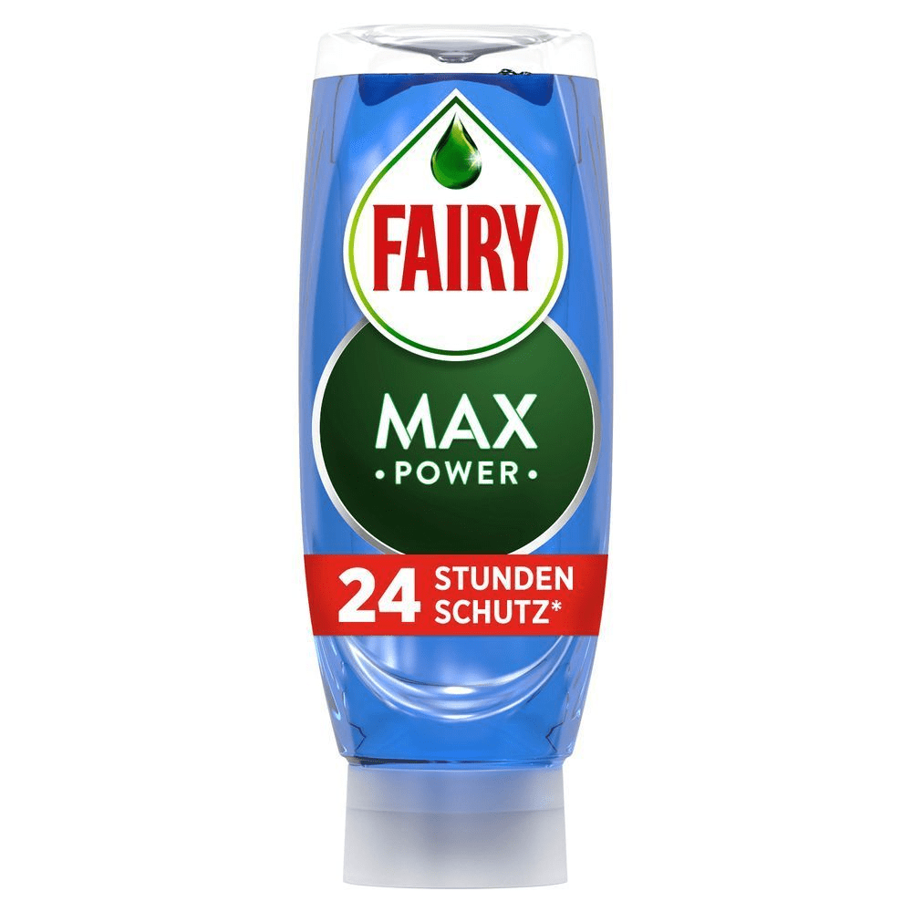 Fairy Max Power Antibakterielle Geschirrspülmittel (545 ml) ,blaue Flasche (Eukalyptusduft), bietet 24 Stunden Schutz vor Bakterien für den Schwamm. Kopfstehende Flasche, um eine praktische Dosierung mit Auslaufschutz zu ermöglichen.