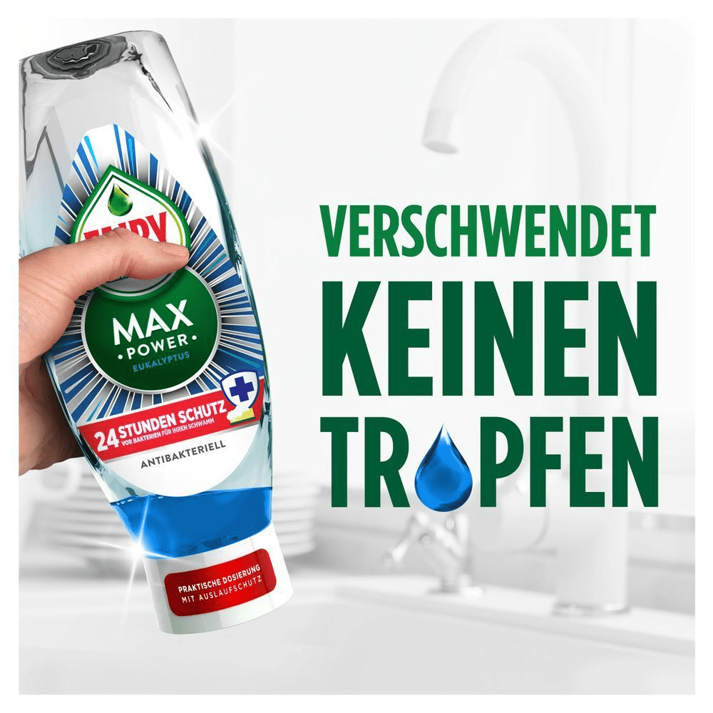 Fairy Spülmittel Eukalyptus, das keinen Tropfen verschwendet, dank praktischer Dosierung mit Auslaufschutz.
