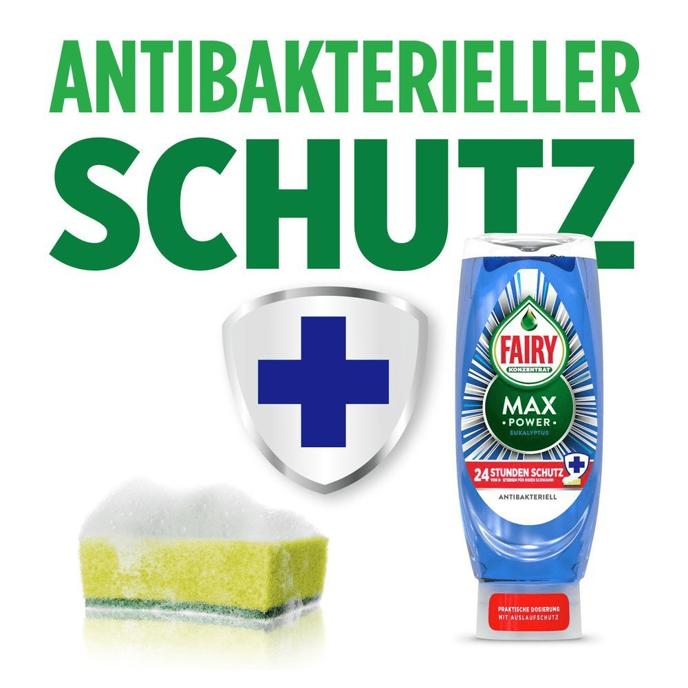 Fairy Max Power Spülmittel mit antibakteriellem Schutz, der vor Bakterien im Schwamm schützt.