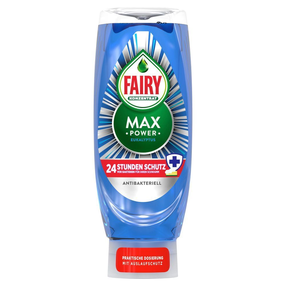 Fairy Max Power Antibakterielle Geschirrspülmittel (545 ml) ,blaue Flasche (Eukalyptusduft), bietet 24 Stunden Schutz vor Bakterien für den Schwamm. Kopfstehende Flasche, um eine praktische Dosierung mit Auslaufschutz zu ermöglichen.