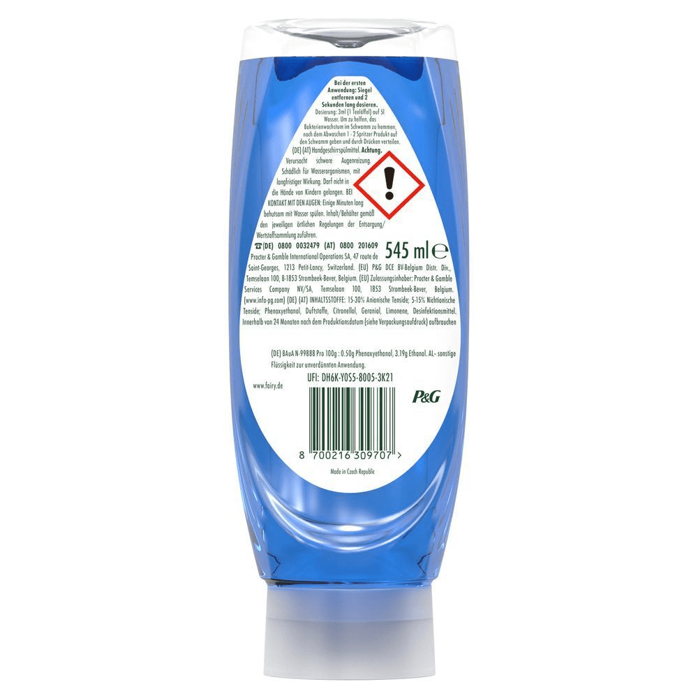 Rückseite der Fairy Max Power (545 ml) antibakteriellen Geschirrspülmittelflasche mit Sicherheitsinformationen.