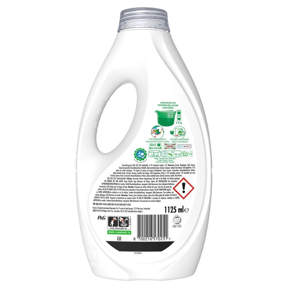 Ariel Flüssigwaschmittel, 1125 ml, mit Dosierungsanleitung für die Maschinenwäsche und Vorbehandlung hartnäckiger Flecken. Zeigt die Rückseite mit Angaben zu Inhaltsstoffen und gesetzlichen Vorschriften in Deutsch. [EN] Ariel liquid, 1125 ml, with dosing instructions for machine washing and pre-treating stubborn stains. [IT] Ariel liquido, 1125 ml,;