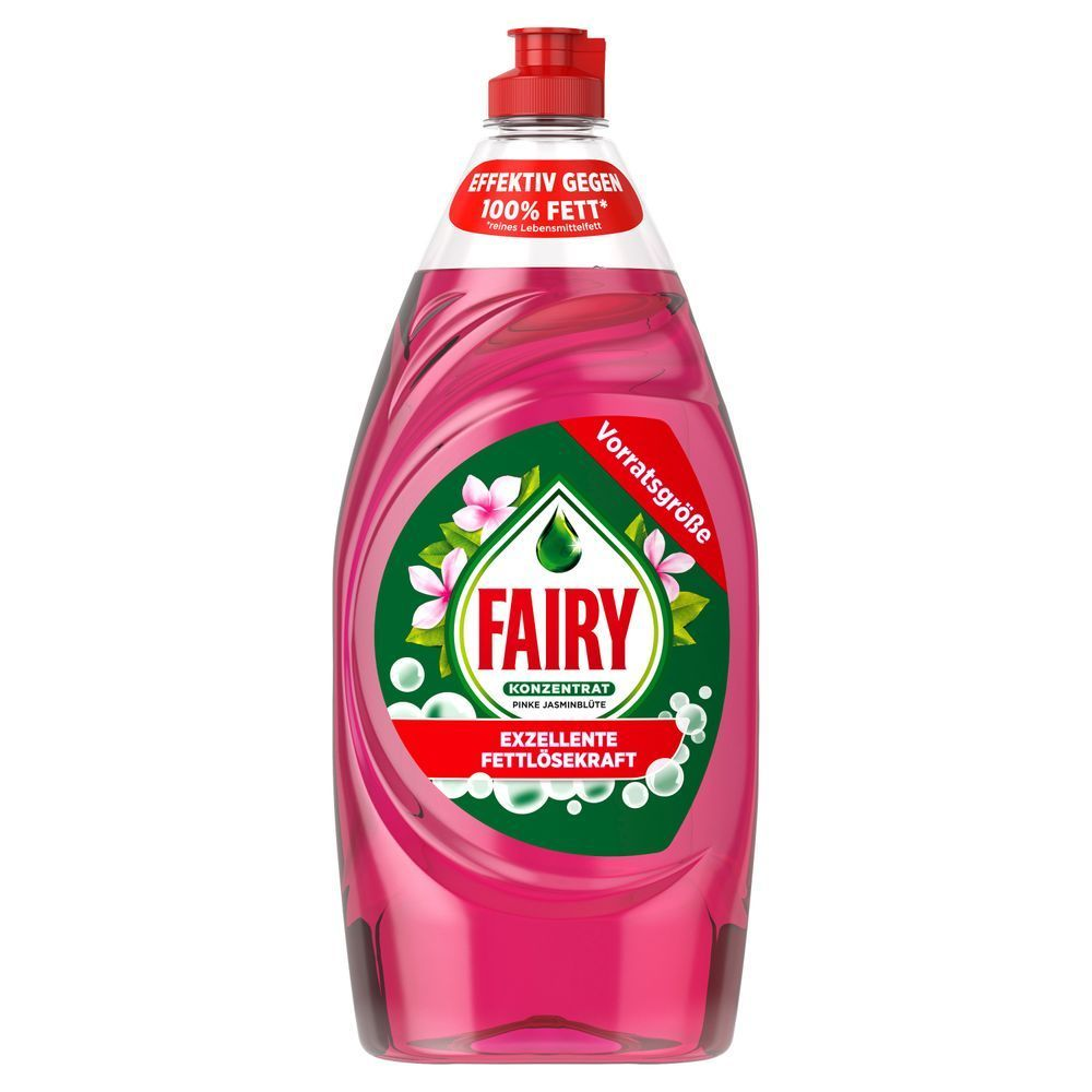 Fairy Pinke Jasminblüte Spülmittelkonzentrat-Flasche mit dem Hinweis Effektiv gegen 100% Fett. [EN] Fairy Liquid Super Compact Pink Jasmine, Bottle 900ml