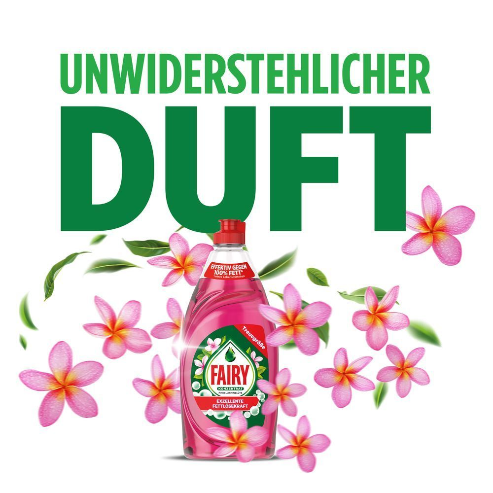Fairy Pinke Jasminblüte Spülmittelkonzentrat, dargestellt mit pinken Jasminblüten und dem Hinweis unwiderstehlicher Duft.