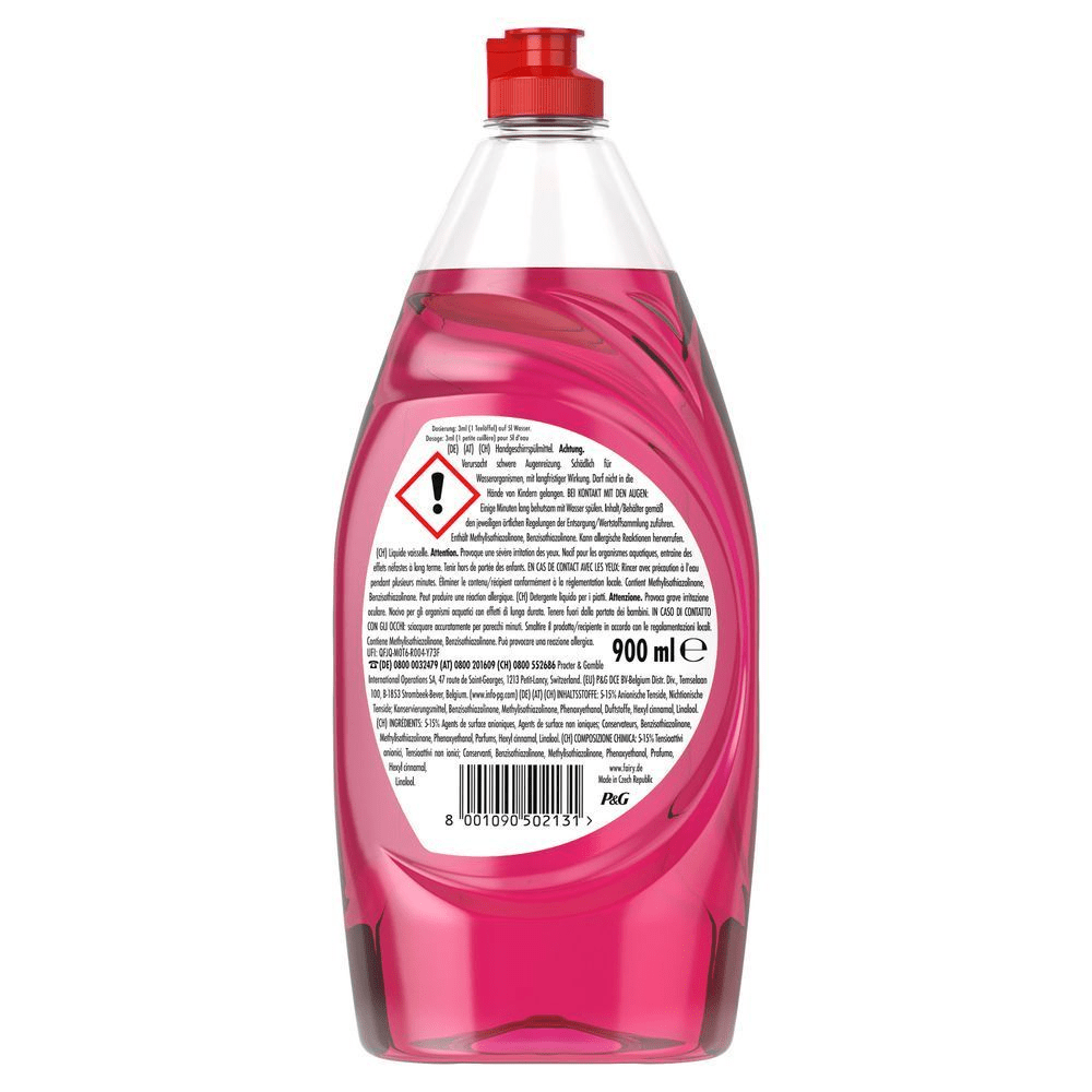Fairy Handgeschirrspülmittel, 900 ml Flasche rote Flüssigkeit, mit Warnhinweis zur Augenreizung und Hinweis auf Inhaltsstoffe. [IT] Fairy detersivo per piatti, confezione da 900ml che evidenzia l’avviso: Provoca grave irritazione oculare.