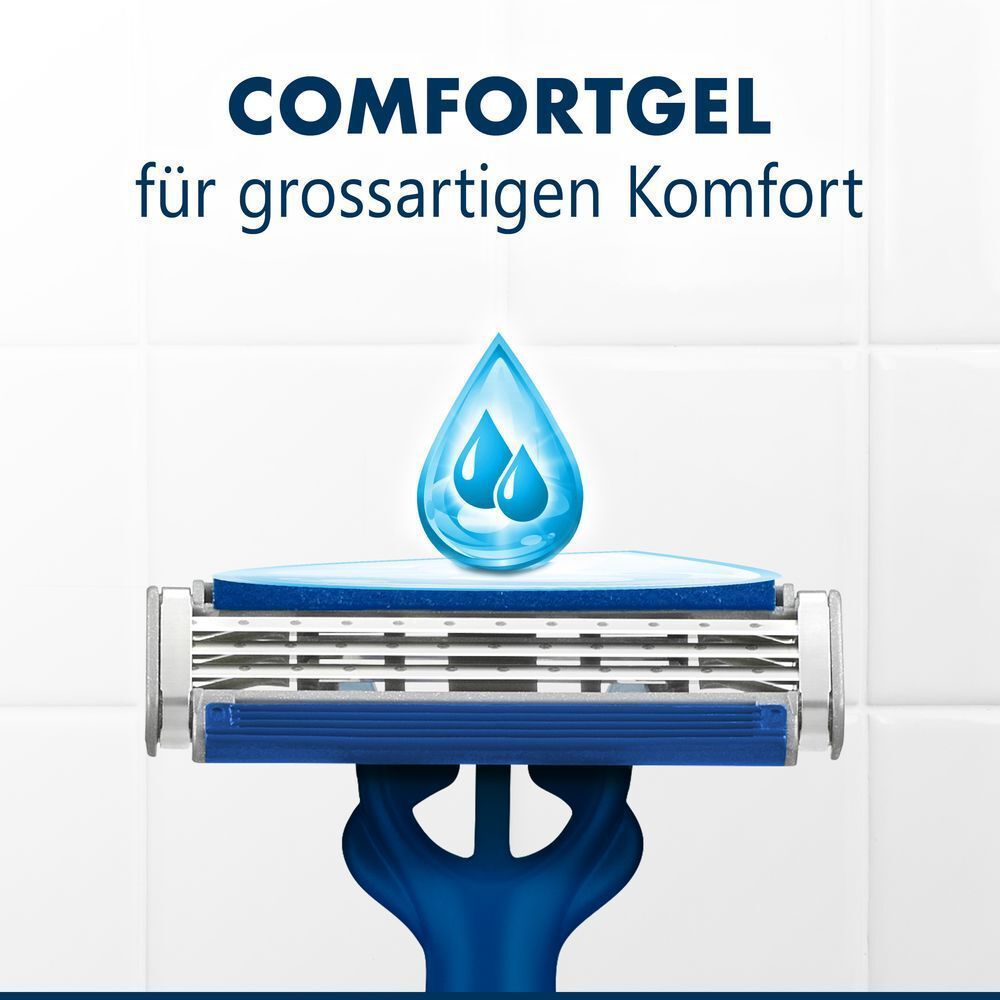 Blauer 3 Rasierer mit Comfortgel-Streifen und Wassertropfen, die den grossartigen Komfort hervorheben.