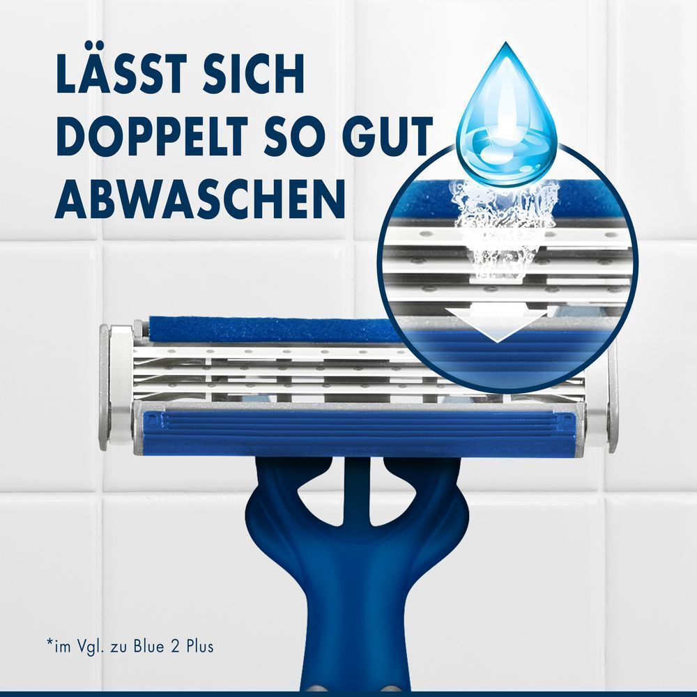 Blue 3 Rasierer, der mit einem Kreis und Wassertropfen dargestellt wird, um zu zeigen, dass er sich doppelt so gut abwaschen lässt.