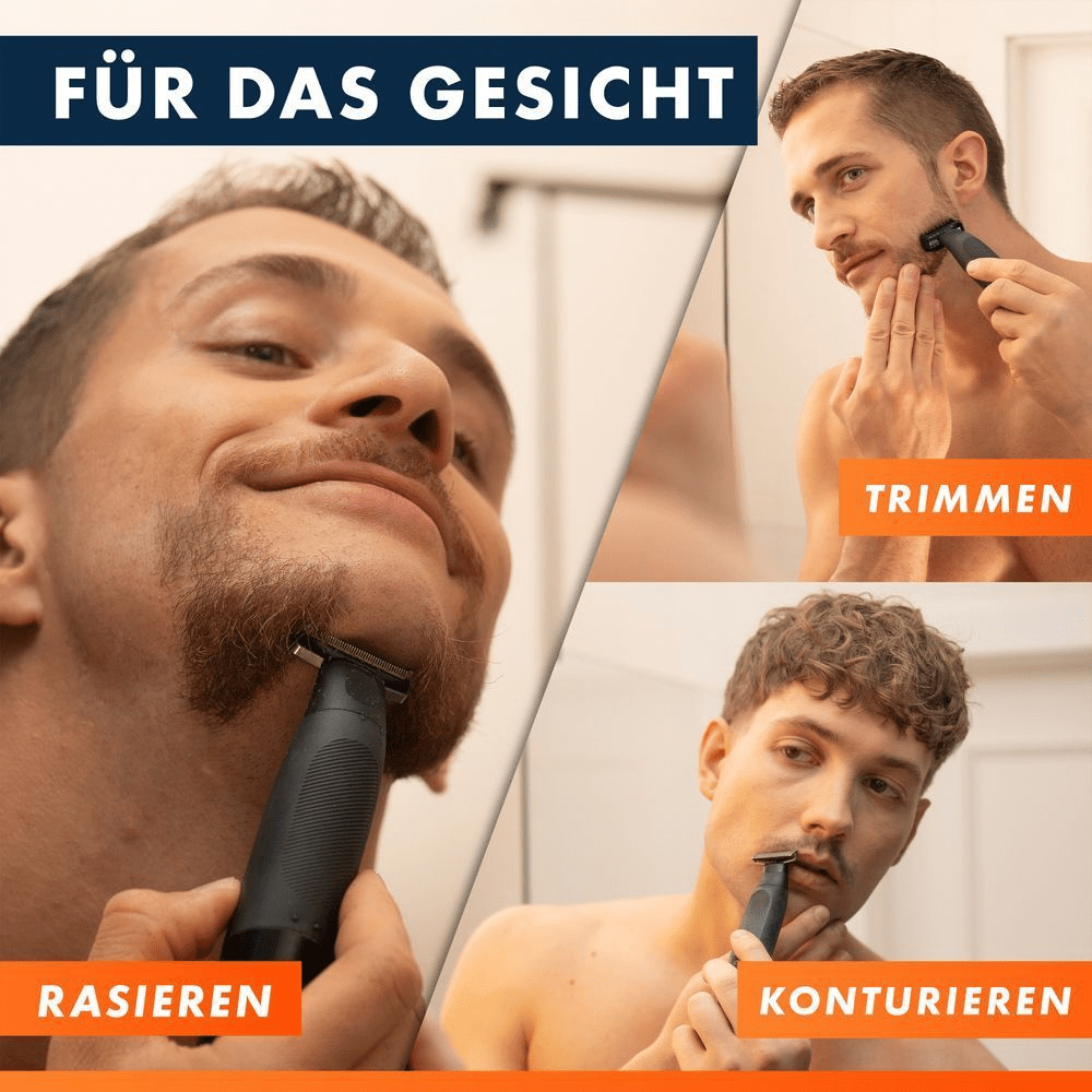 Drei Männer rasieren, trimmen oder konturieren ihr Gesicht mit einem Fusion One Elektrorasierer