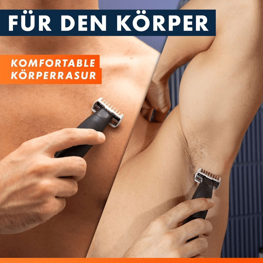 Zwei Männer rasieren sich mit einem Fusion One Elektrorasierer die Brust oder Achseln, da er eine komfortable Körperrasur bietet