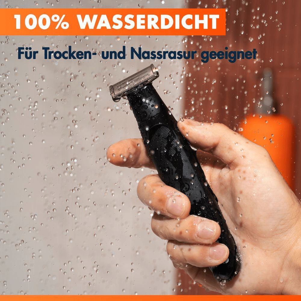 Ein Mann verwendet den Fusion One Elektrorasierer unter der Dusche, weil dieser zu 100 % wasserdicht ist und nass oder trocken verwendet werden kann