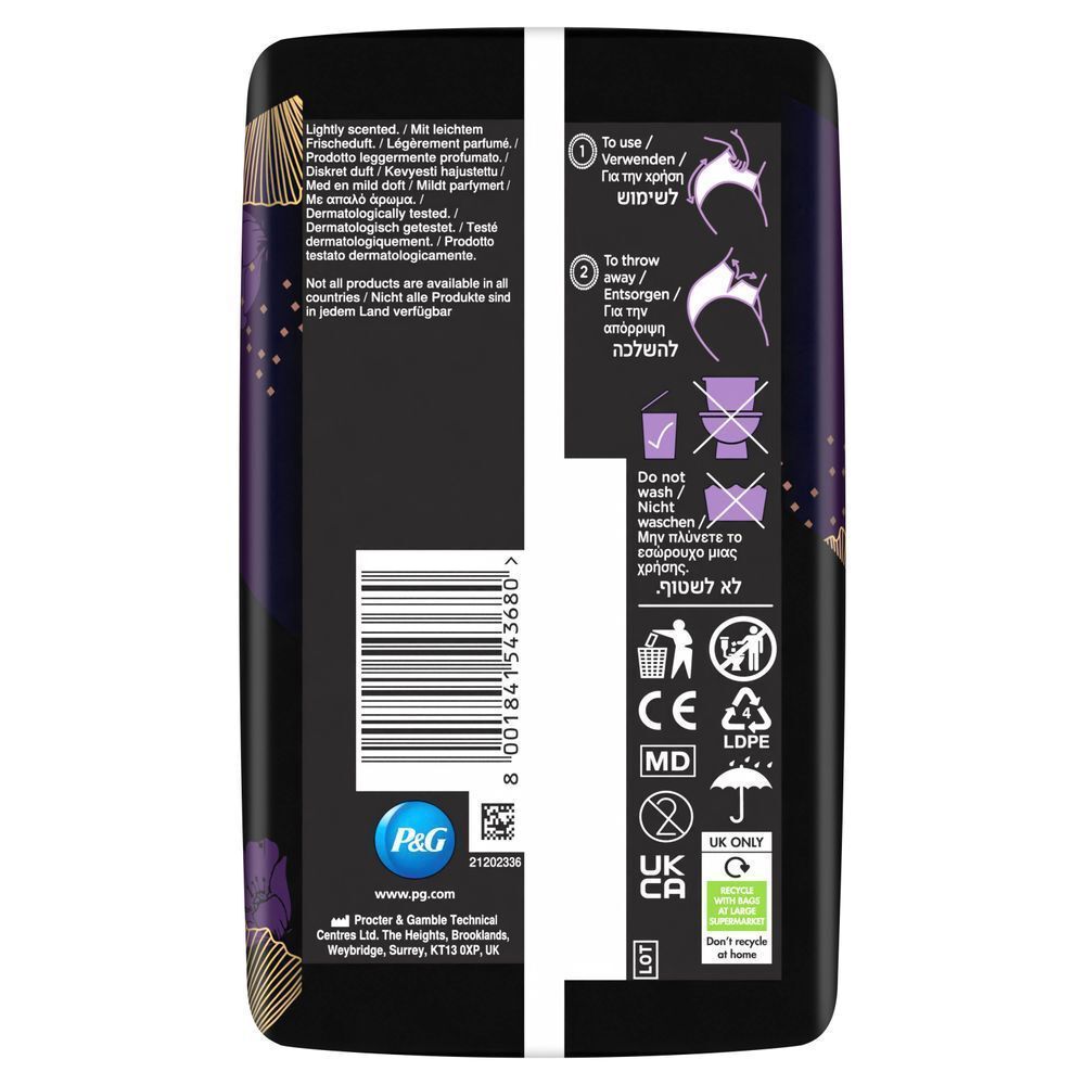Always Discreet Boutique Verpackung, die Anweisungen zur Verwendung und Entsorgung sowie Hinweise zur leichten Beduftung und dermatologischen Testung zeigt. [EN] Always packaging showing usage and disposal instructions, plus recycling information for UK only.;