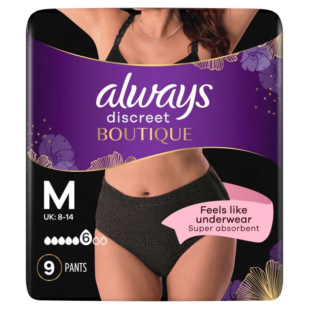 Always Discreet Boutique Höschen Verpackung, Größe M, 9 Stück, Fühlt sich an wie Unterwäsche, Super saugfähig [EN] Always Discreet Boutique pants packaging, highlighting "Feels like underwear, super absorbent" and containing 9 pants.;