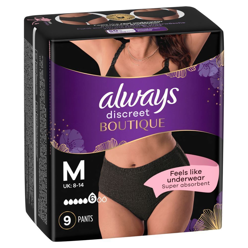 Always Discreet Boutique Höschen Verpackung, Größe M, 9 Stück, Fühlt sich an wie Unterwäsche, Super saugfähig [EN] Always Discreet Boutique pants packaging, highlighting "Feels like underwear, Super absorbent" and size M.;