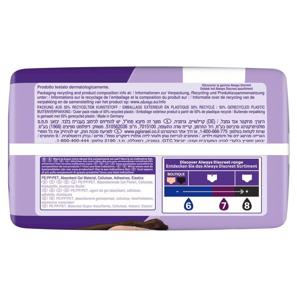 Always Discreet Verpackung, die Anweisungen zur Verwendung und Entsorgung des Produkts zeigt. [EN] Always Discreet packaging showing usage and disposal instructions in multiple languages.;
