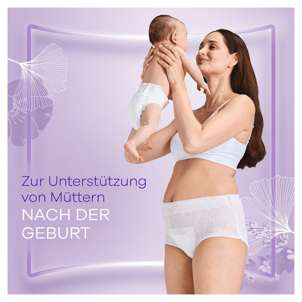 Always Wochenbett Höschen zur Unterstützung von Müttern nach der Geburt, dargestellt an einer glücklichen Mutter mit ihrem Baby.