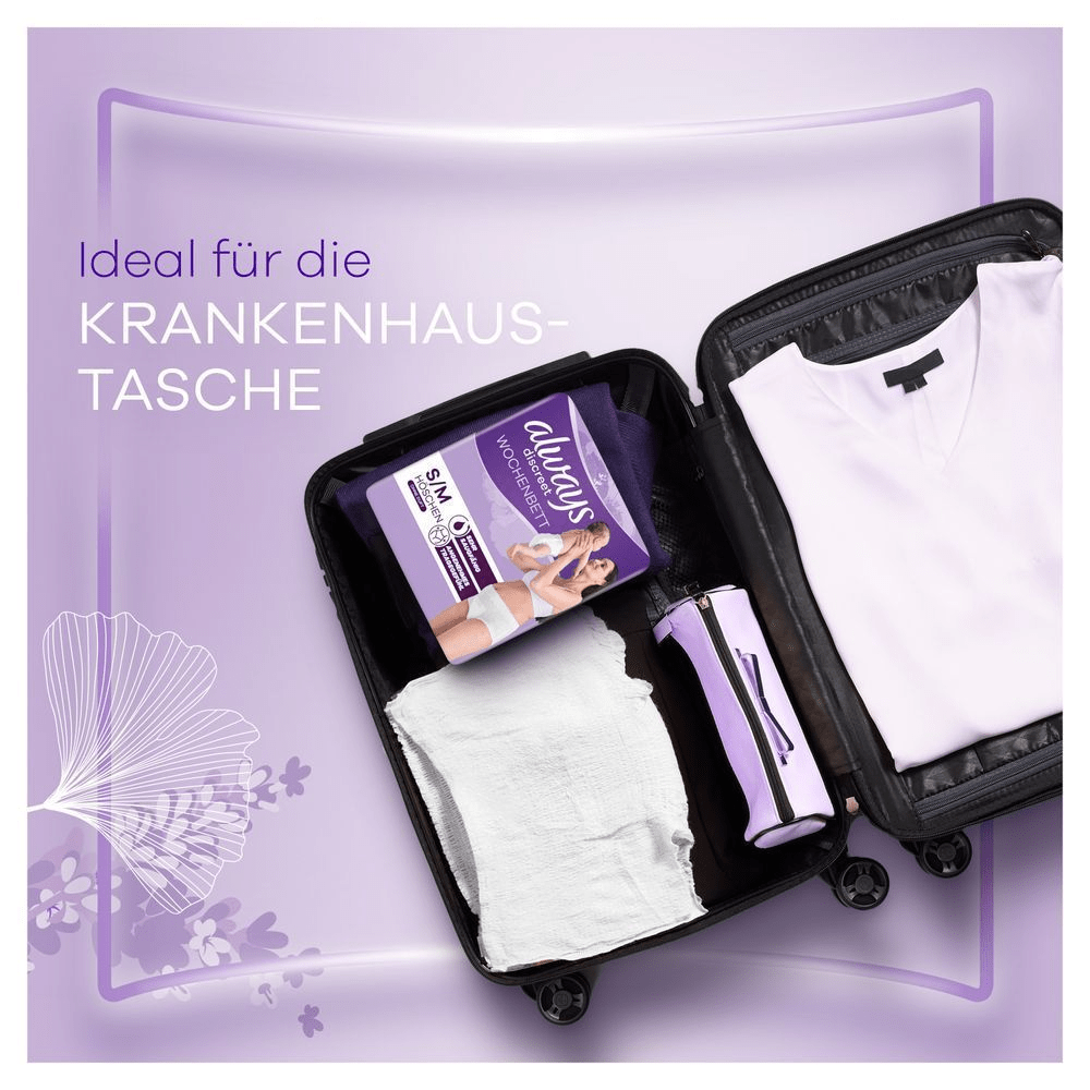 Krankenhaustasche mit Always Discreet Wochenbett Höschen. Text: "Ideal für die Krankenhaustasche"