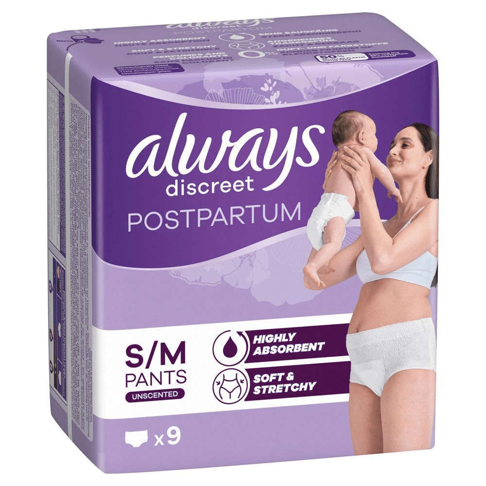 Always Discreet Wochenbett Höschen, Größe S/M, 9 Stück, Sehr Saugfähig, Angenehmes Tragegefühl [EN] Always Discreet Postpartum S/M pants packaging, highlighting claims of being highly absorbent, soft, and stretchy.;