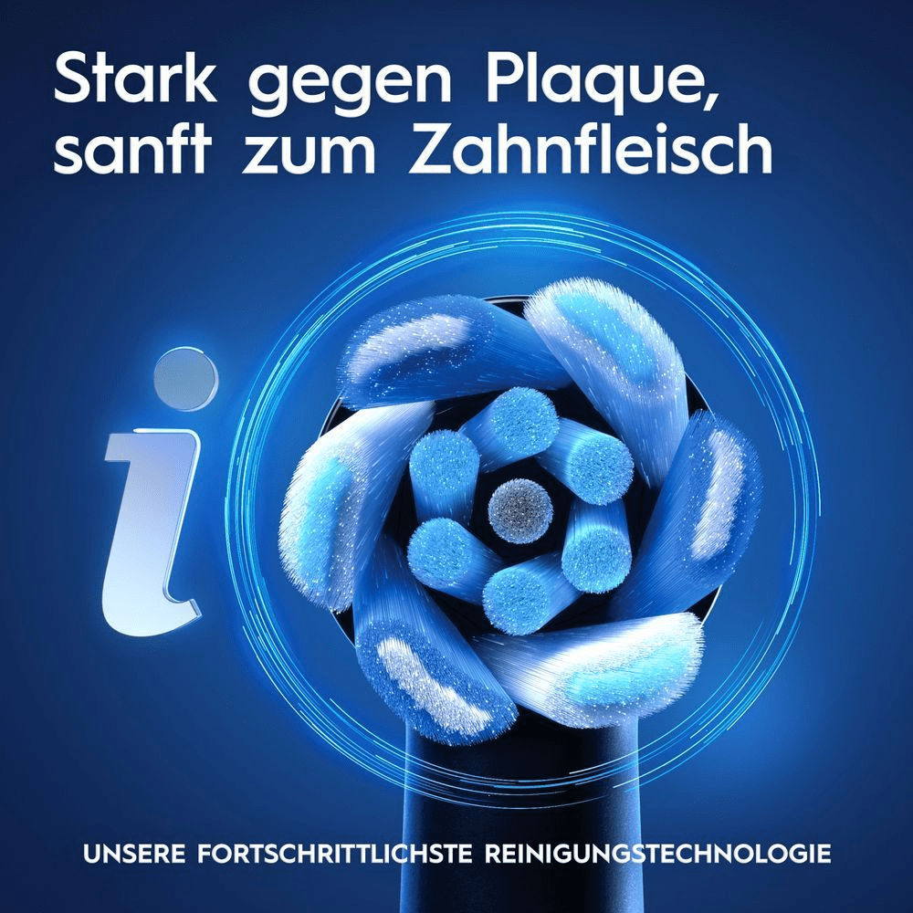 Nahaufnahme eines Oral-B iO Bürstenkopfes. Stark gegen Plaque, sanft zum Zahnfleisch. Unsere fortschrittlichste Reinigungstechnologie.