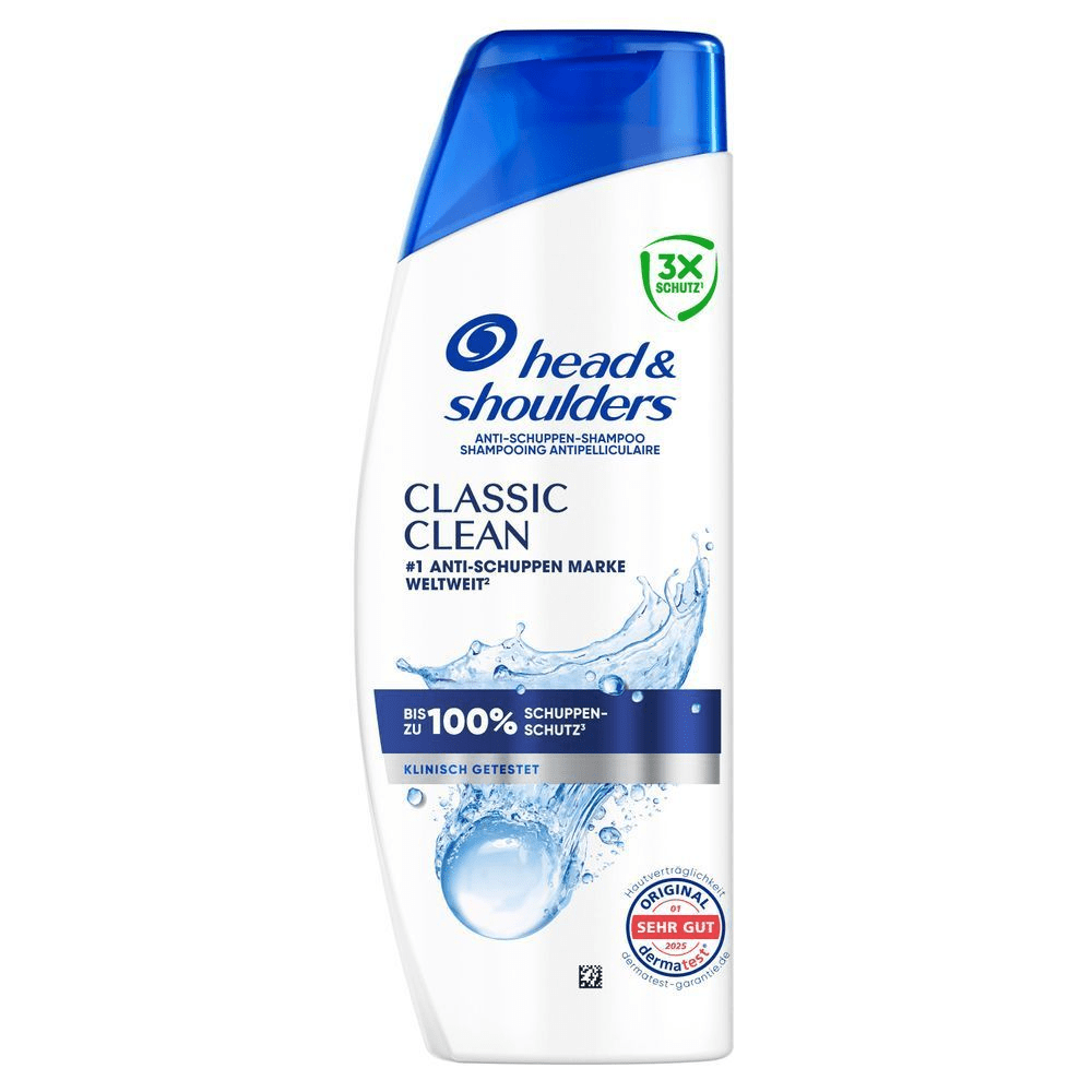 Head & Shoulders Classic Clean Anti-Schuppen-Shampoo mit dem Hinweis Bis zu 100% Schuppen-Schutz auf der Verpackung.