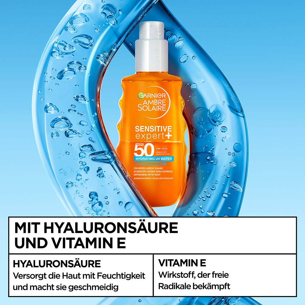 Bild: GARNIER AMBRE SOLAIRE Sensitive Expert + Hydrating UV Water LSF 50