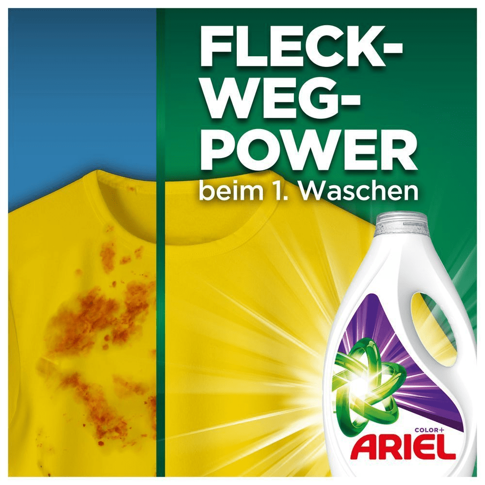 Nahaufnahme eines fleckigen gelben T-Shirts vor und nach der Reinigung mit Ariel Color+ Flüssigwaschmittel. Das Ergebnis ist strahlend sauber. Text: „FLECK-WEG-POWER beim 1. Waschen“ [EN] Close up of a stained yellow T-shirt before and after cleaning with Ariel Color+ liquid laundry detergent. Result is sparkling clean. Text reads: "STAIN-AWAY POWER FROM THE 1. WASH";