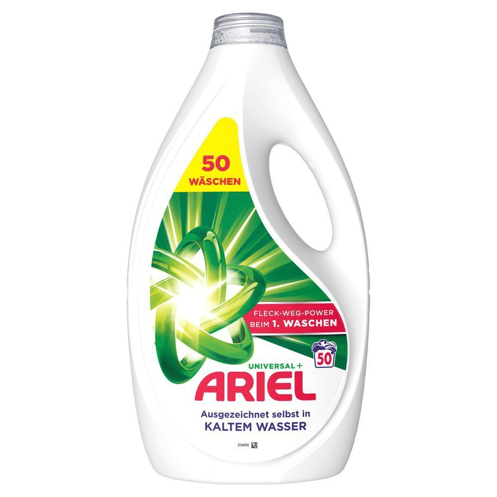 Ariel Universal+ Flüssig, Flasche für 50 Waschladungen, wirksam auch in kaltem Wasser, FLECK-WEG-POWER BEIM 1. WASCHEN [EN] Ariel Universal+ liquid, bottle for 50 washes, effective even in cold water. [IT] Ariel Universal+ liquido, bottiglia per 50 lavaggi, efficace anche in acqua fredda.;
