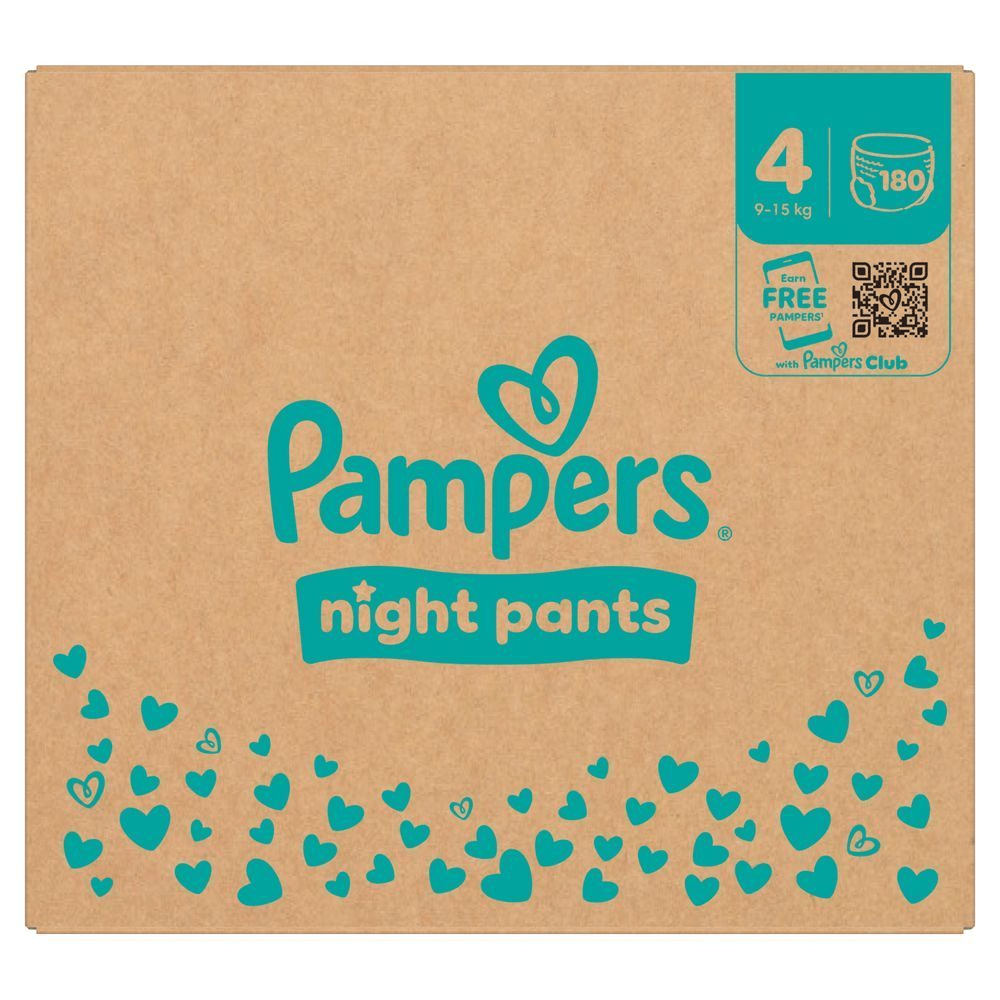 Pampers Night Pants Größe 4 (9-15 kg) Verpackung, mit dem Hinweis Erhalte KOSTENLOSE Pampers mit dem Pampers Club.