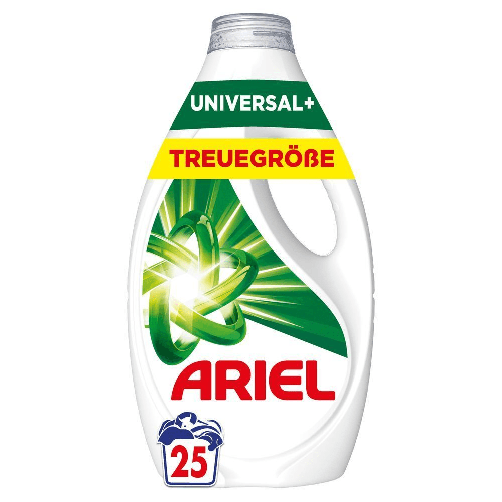 Ariel Universal+ Flüssigwaschmittel, Familiengröße, für 25 Waschladungen. Text ist abgebildet: "TREUEGRÖßE" [EN] Ariel Universal+ liquid laundry detergent, family size, for 25 washes. [IT] Detersivo liquido per bucato Ariel Universal+, formato famiglia, per 25 lavaggi.;