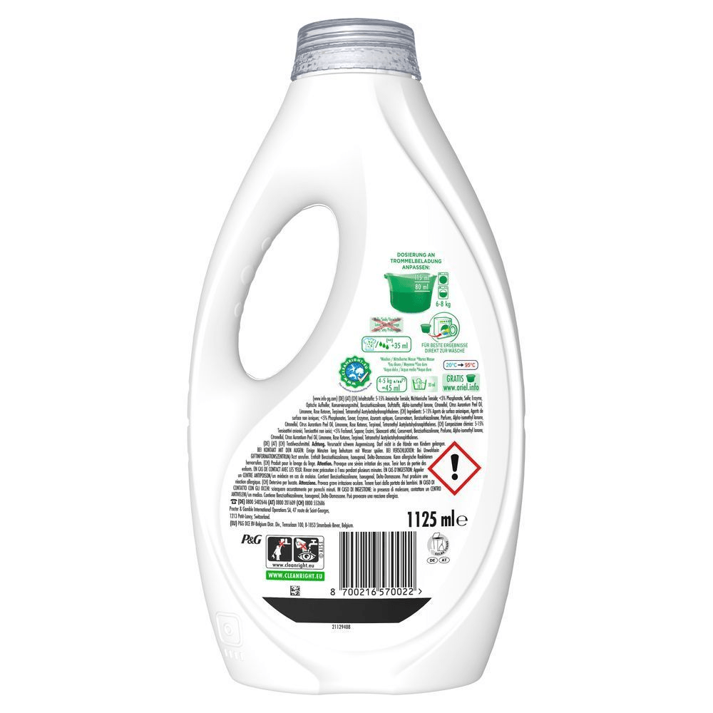 Ariel Flüssig, 1125 ml Flasche, mit Dosieranleitung, fassverwendbar. Zeigt die Rückseite mit Angaben zu Inhaltsstoffen und gesetzlichen Vorschriften in Deutsch. [EN] Ariel liquid, 1125 ml bottle, with dosage instructions suitable for drum loading. [IT] Ariel liquido, bottiglia da 1125 ml, con istruzioni di dosaggio adatto al caricamento su fusto.;