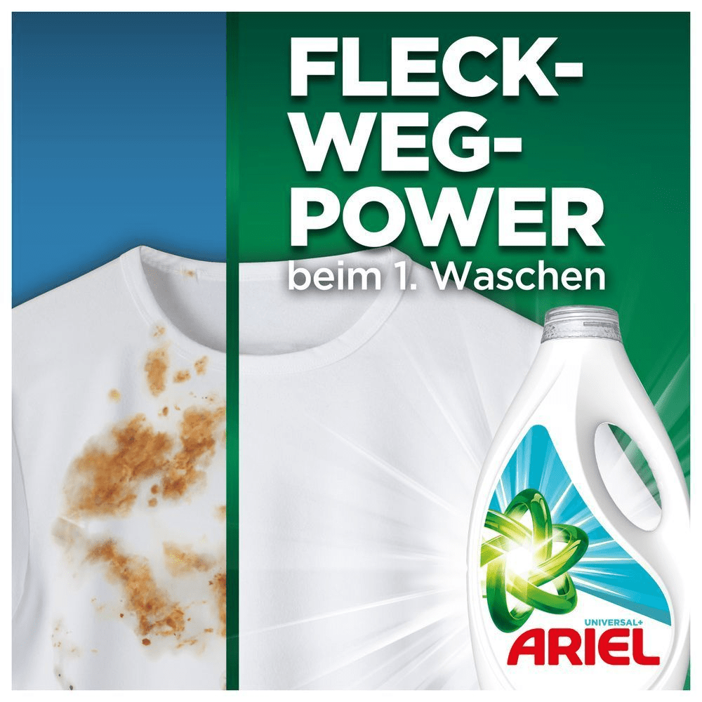 Nahaufnahme eines fleckigen gelben T-Shirts vor und nach der Reinigung mit Ariel Febreze Frische Flüssigwaschmittel. Das Ergebnis ist strahlend sauber. Text: „FLECK-WEG-POWER beim 1. Waschen“ [EN] Close up of a stained yellow T-shirt before and after cleaning with Ariel Febreze Freshness liquid laundry detergent. Result is sparkling clean. Text reads: "STAIN-AWAY POWER FROM THE 1. WASH";