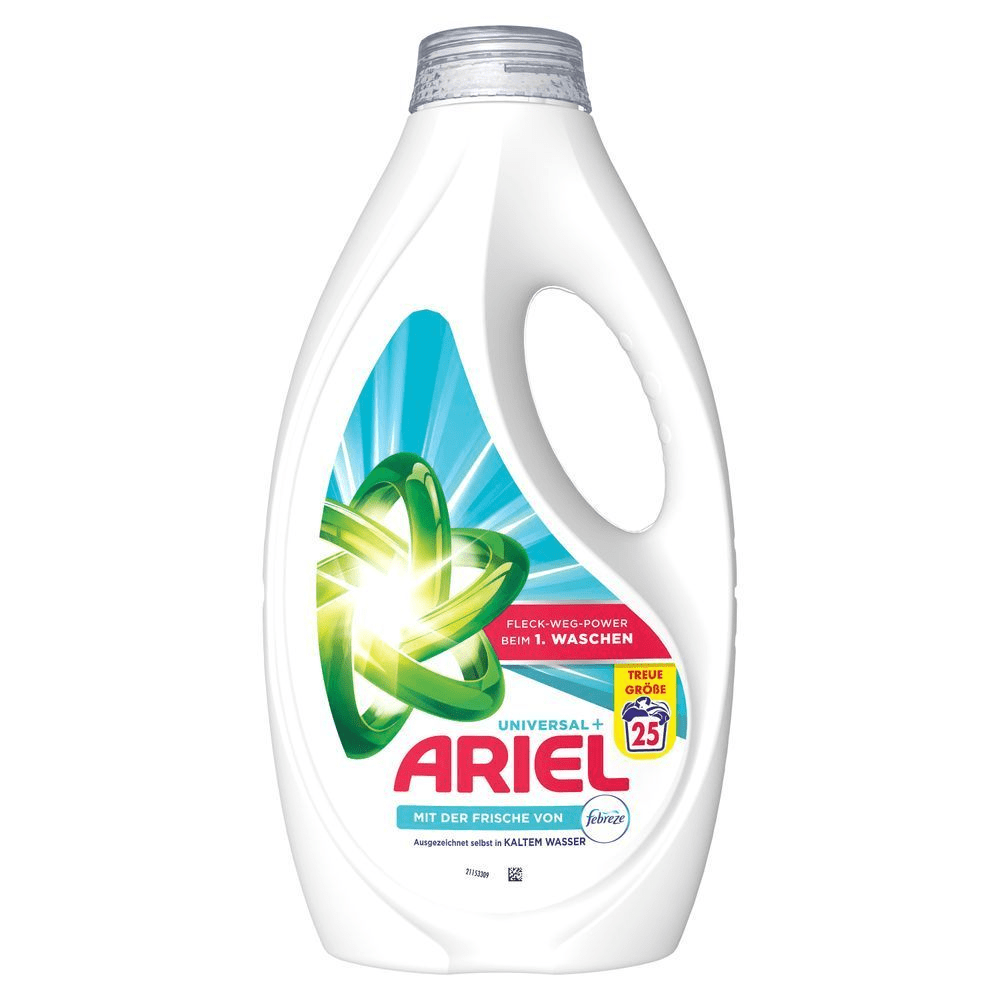 Ariel Universal+ mit Febreze, große Packung für 25 Waschladungen, verspricht Fleckenbekämpfungskraft ab der ersten Wäsche. [EN] Ariel Universal+ with Febreze, large 25-load pack, promising stain-fighting power from the first wash. [IT] Ariel Universal+ con Febreze, bottiglia da 25 lavaggio ;