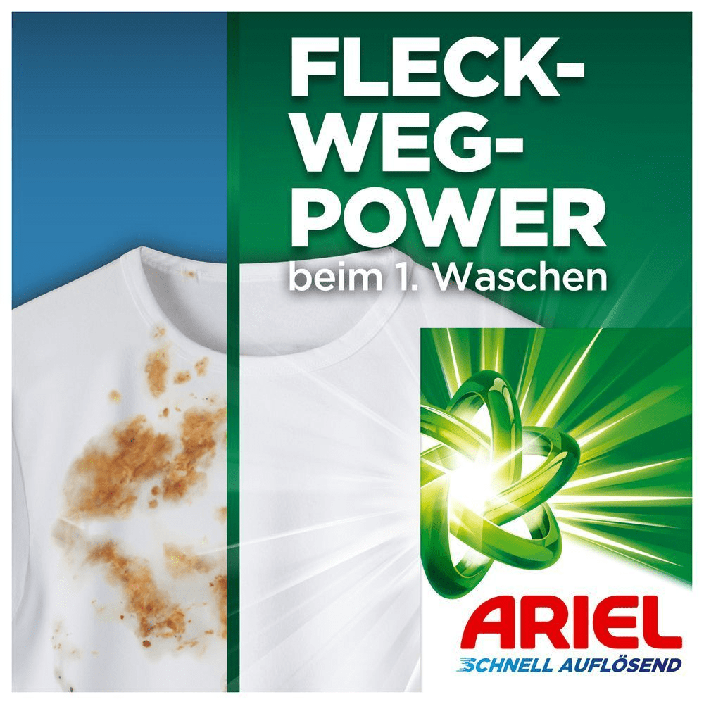 Ariel-Waschmittelpulver, Bild zeigt ein verschmutztes weißes Hemd vorher/nachher, entfernt Flecken in einem Waschgang.