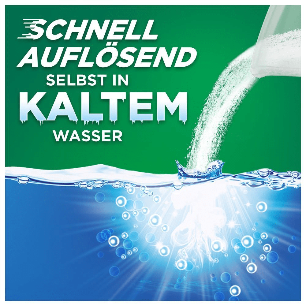 Das Bild zeigt das Einfüllen von Waschmittelpulver in Wasser mit dem Text "Schnell Auflösend selbst in Kaltem Wasser"