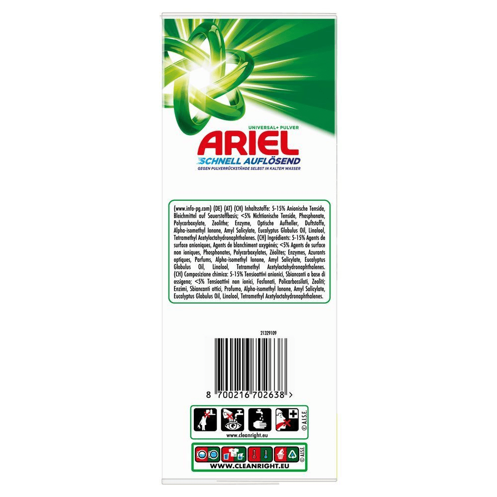 Seitenansicht der Ariel-Waschmittelpackung mit Markenlogo und Liste der Inhaltsstoffe [IT] Vista laterale della scatola del detersivo per bucato Ariel con logo del marchio ed elenco degli ingredienti;