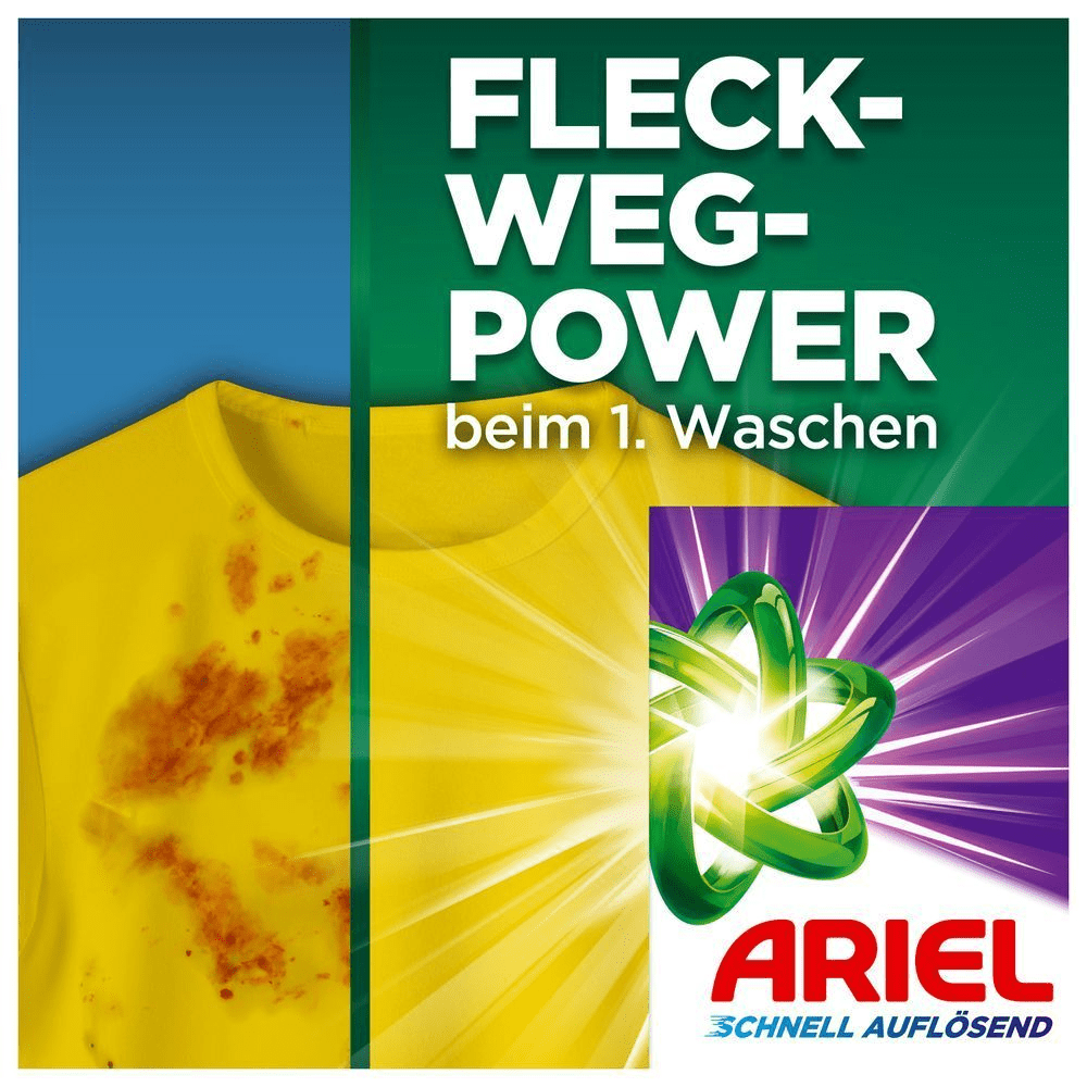 Ariel-Waschmittelpulver, Bild zeigt ein verschmutztes farbiges Hemd vorher/nachher, entfernt Flecken in einem Waschgang.