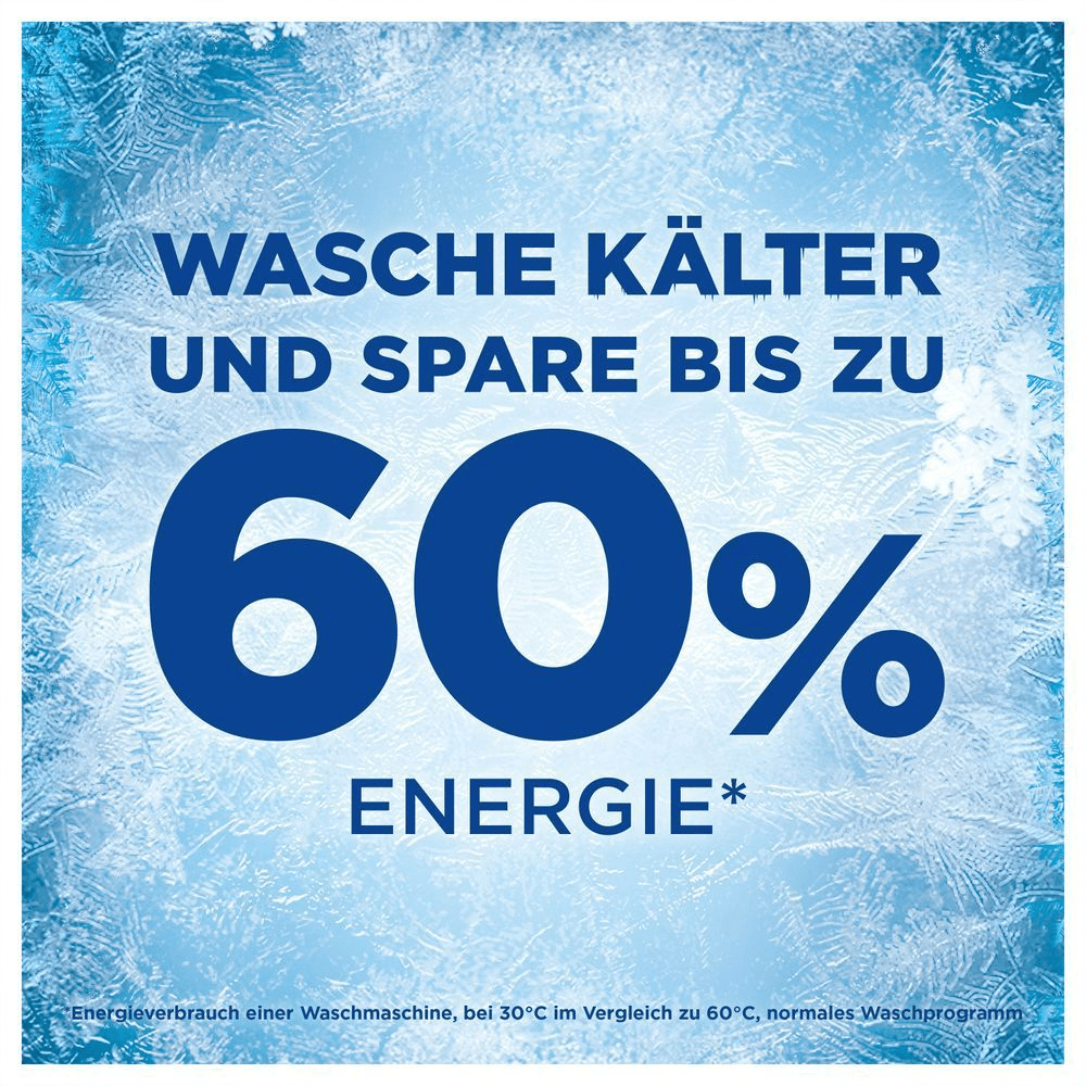 60 % Energieeinsparung für Ariel-Waschmittel vor einem eisigen Hintergrund.